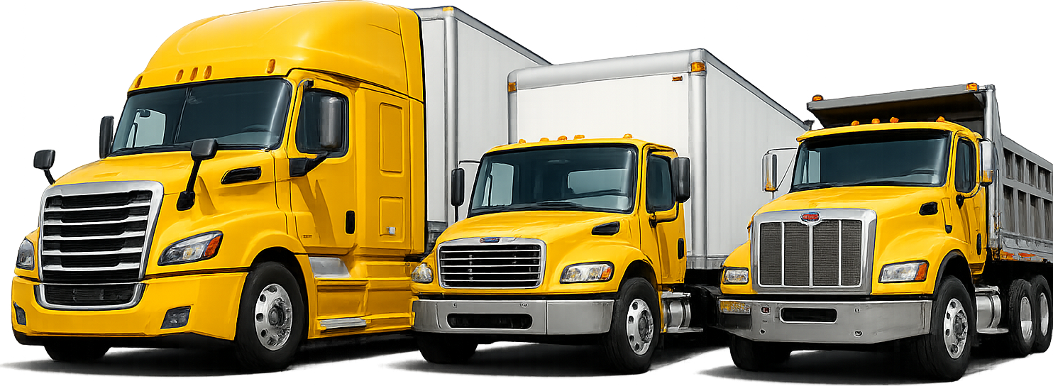 Yellow sleeper truck, white box truck and yellow dump truck